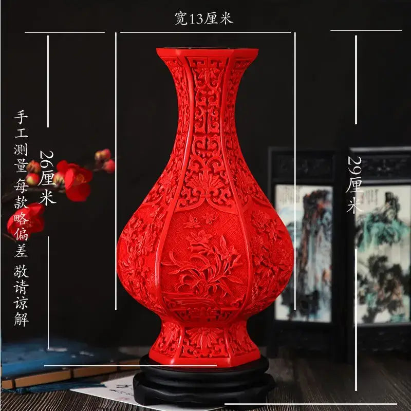 Vibrant red lacquerware flower auspicious vase with intricate dragon carving and traditional Chinese floral motifs for living room