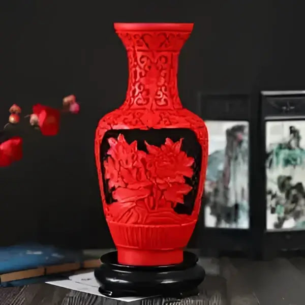 Red lacquerware flower auspicious vase in red ceramic with black floral relief and glossy finish for living room display