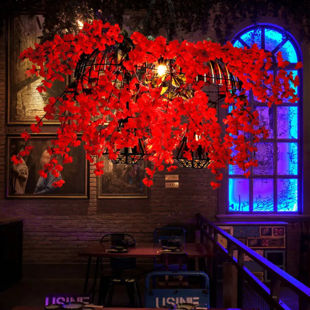 ديكوربايتس™ مصباح سقف جزيرة معدني أحمر مع قفص ماسي - مصباح معلق صناعي بثلاثة رؤوس