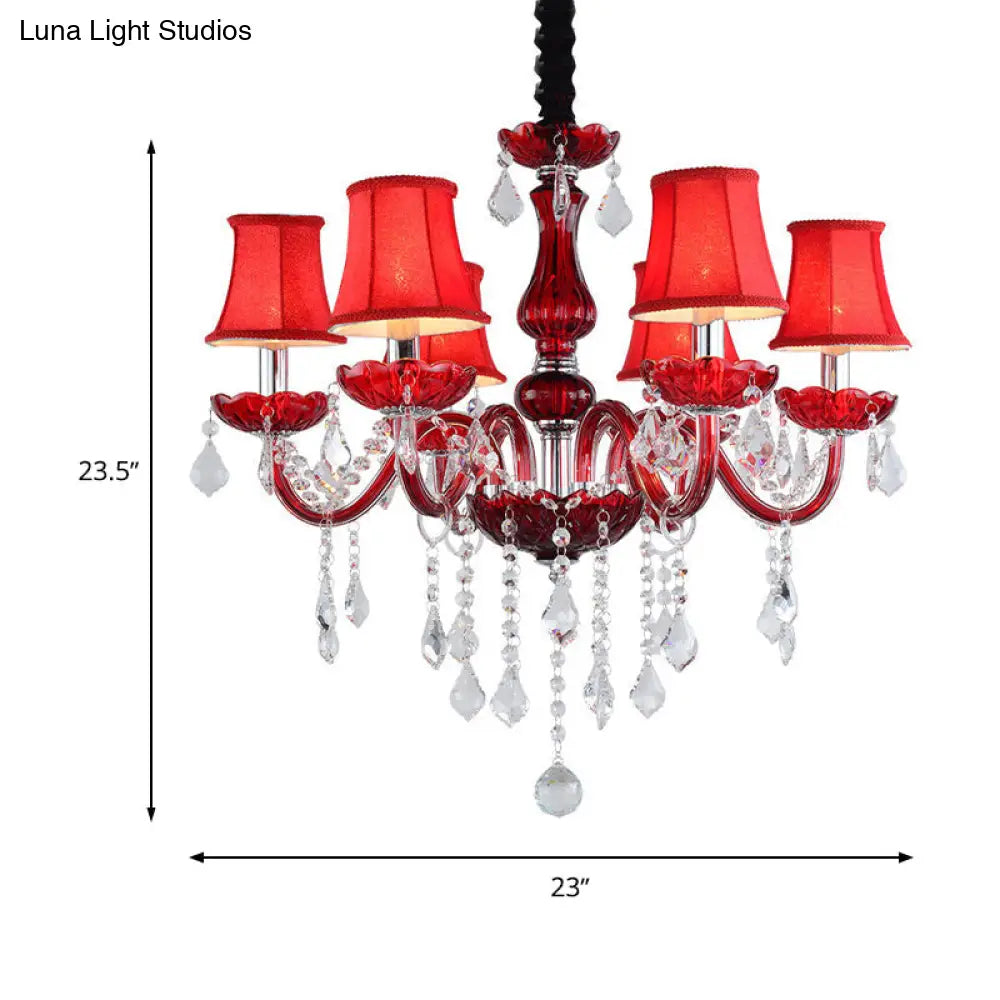 Red Modernist Flared Chandelier: K9 Crystal, 6 Bulbs, Living Room Pendant