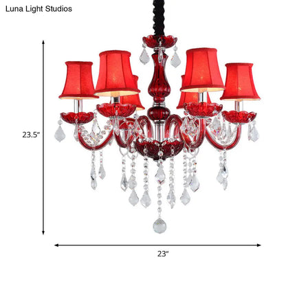 Red Modernist Flared Chandelier: K9 Crystal, 6 Bulbs, Living Room Pendant