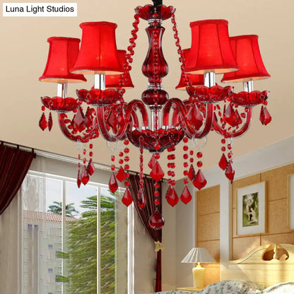 Red Modernist Flared Chandelier: K9 Crystal, 6 Bulbs, Living Room Pendant