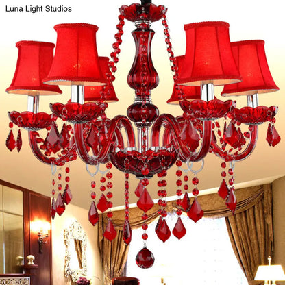 Red Modernist Flared Chandelier: K9 Crystal, 6 Bulbs, Living Room Pendant