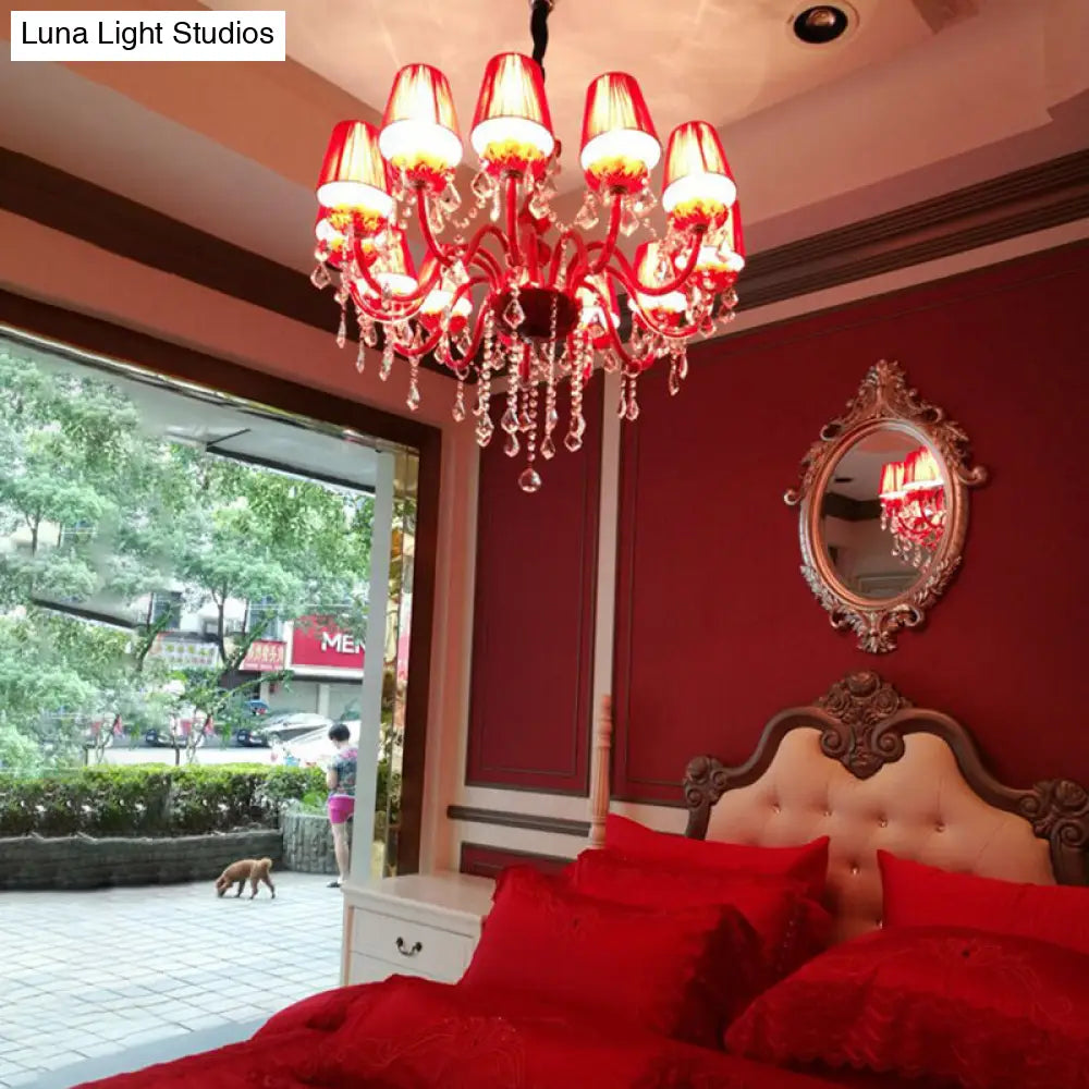 Red Modernist Flared Chandelier: K9 Crystal, 6 Bulbs, Living Room Pendant