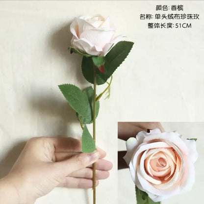 A single-headed satin pearl rose with peach silk petals and green leaves 51cm long for decorbites dried roses artificial decor