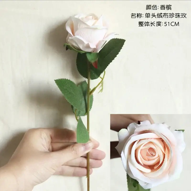 A single-headed satin pearl rose with peach silk petals and green leaves 51cm long for decorbites dried roses artificial decor