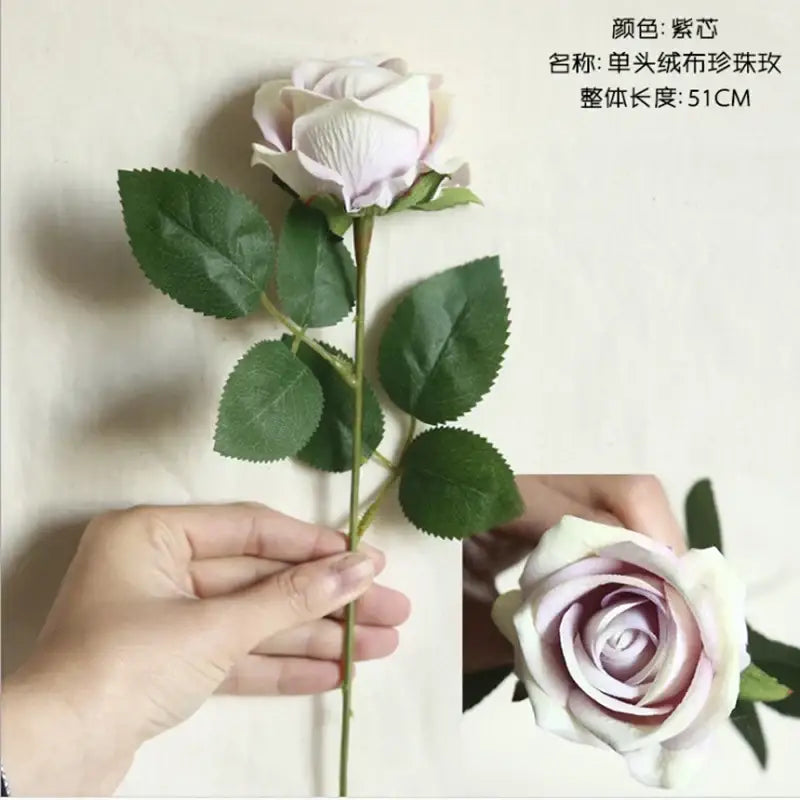 A delicate dried roses artificial flower with lavender white petals and green leaves for decorbites dried roses decor
