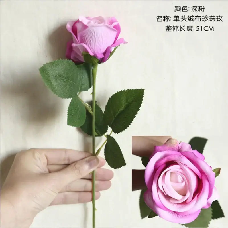 A deep pink single-headed fabric pearl rose with green leaves measuring 51cm for decorbites dried roses artificial use