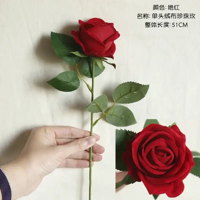 Vibrant red fabric dried roses artificial flowers with green leaves and slender stem for decorbites dried roses wedding decor