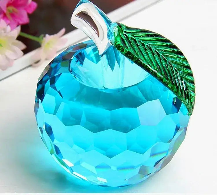 A vibrant blue faceted crystal apple ornament with green leaf and silver stem for decorbites 3d crystal yellow apple decor