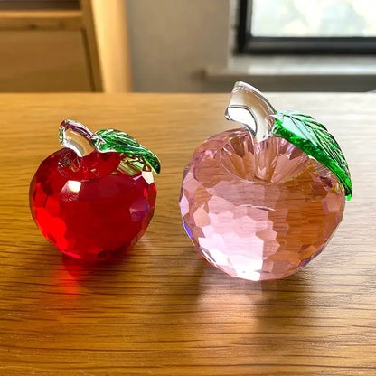 Two faceted crystal yellow apple figurines in red and pink with green leaf accents for office desktop decorbites 3d crystal decor