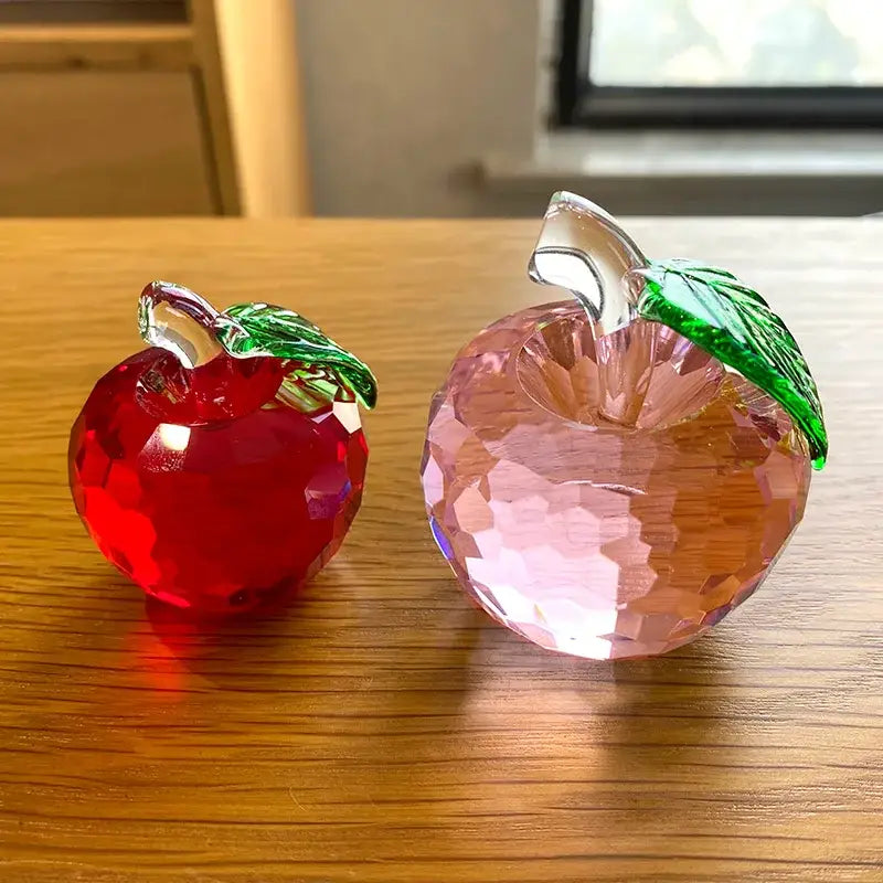 Two faceted crystal yellow apple figurines in red and pink with green leaf accents for office desktop decorbites 3d crystal decor