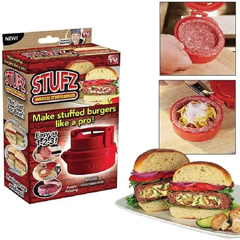 Red plastic hamburger meat presser with hinged lid and handle for making stuffed burger fillings