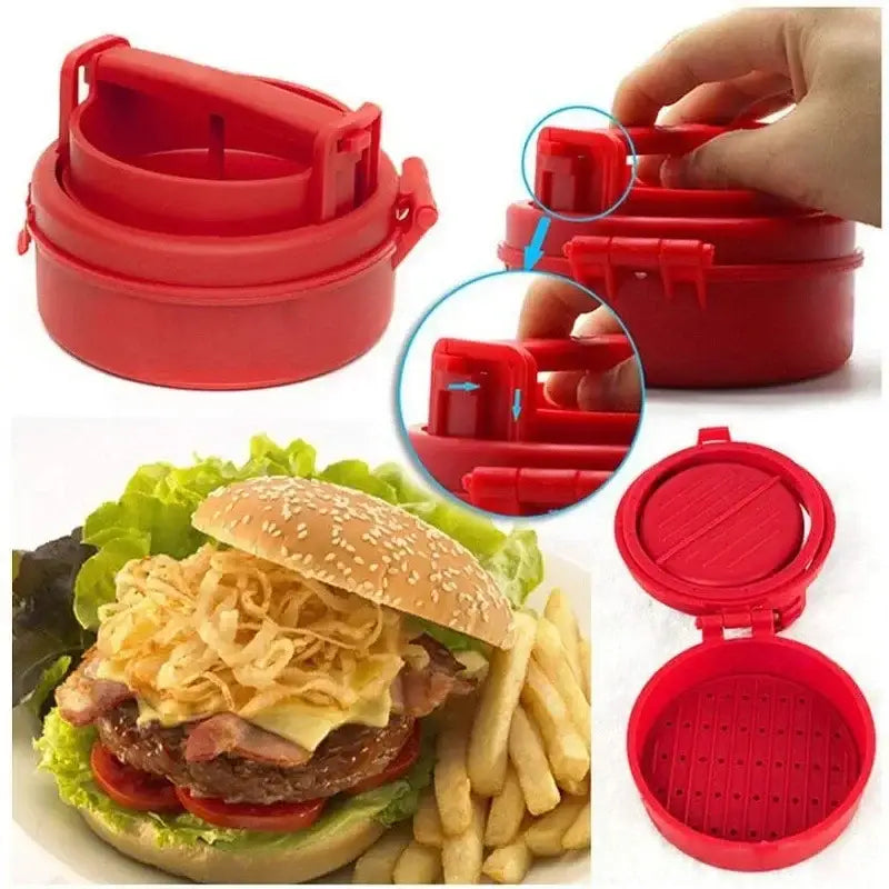 Red plastic hamburger meat presser with hinged lid and textured bottom for making stuffed patties and filling