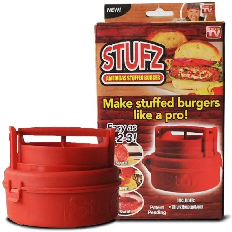 Red plastic stuffed hamburger meat presser with handle and lid for filling maker and kitchen burger making use