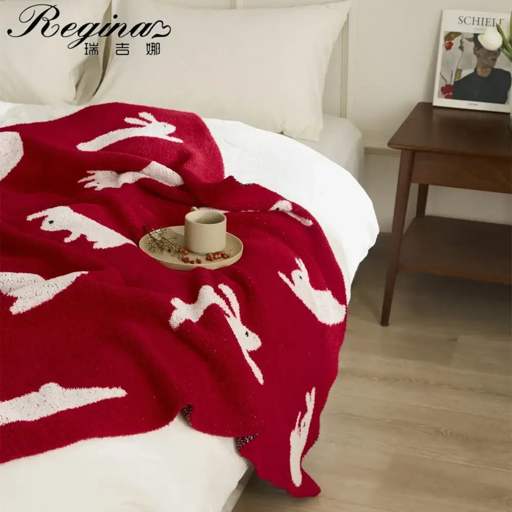 Red regina throw blanket with white embroidered rabbit patterns for decorbites lively rabbit bedroom decor