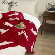 Red regina throw blanket with white embroidered rabbit patterns for decorbites lively rabbit bedroom decor