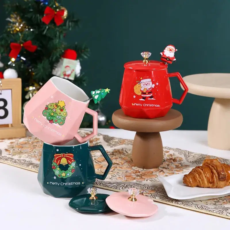 Red santa claus christmas ceramic mug set featuring a red ceramic mug with a santa design and matching lid with figurine