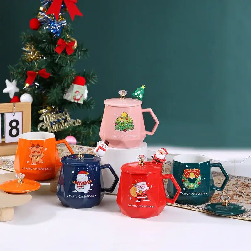 Red santa claus christmas ceramic mug set featuring vibrant orange, navy, red, and teal festive holiday mug set with lids