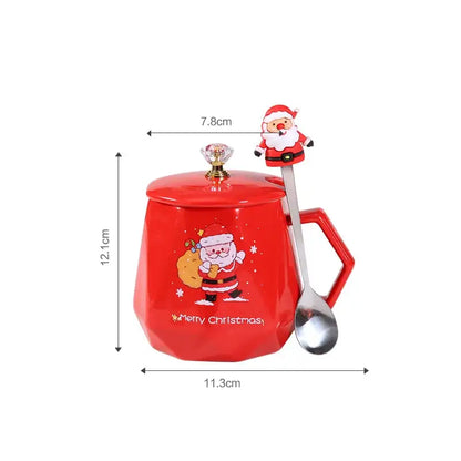 Red santa claus christmas ceramic mug set with geometric design, crystal knob lid, and matching santa-themed spoon
