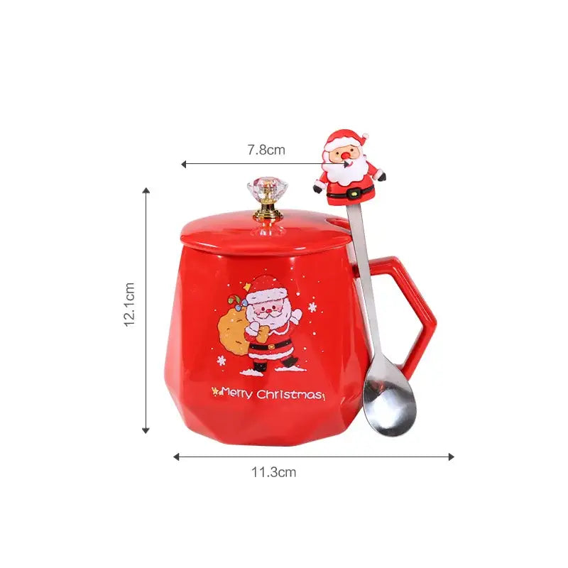 Red santa claus christmas ceramic mug set with geometric design, crystal knob lid, and matching santa-themed spoon