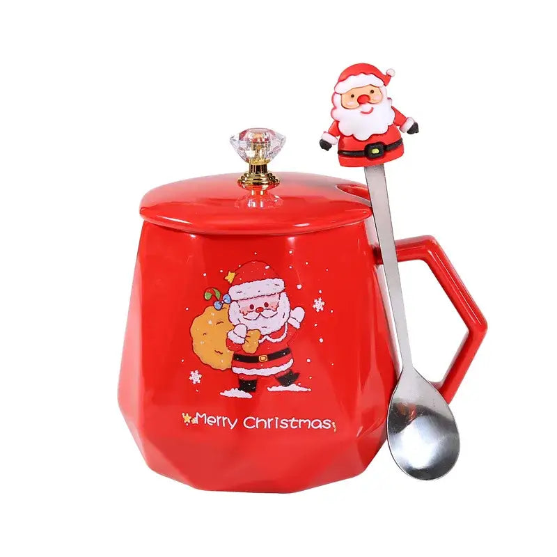 Red santa claus christmas ceramic mug set with geometric shape, matching lid, and silver santa spoon for kitchen decor