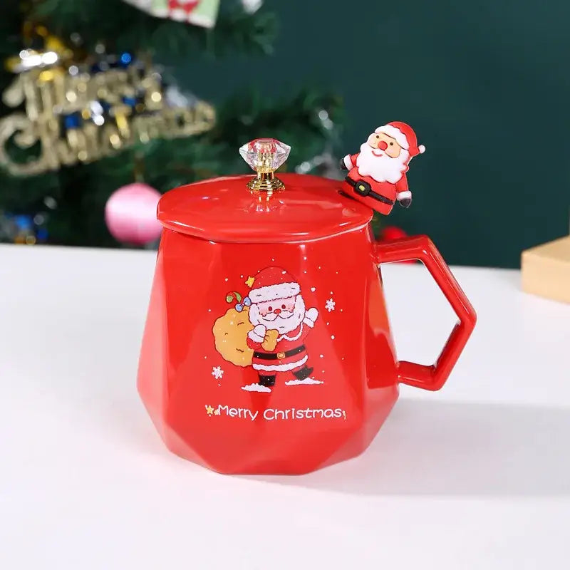 Red santa claus christmas ceramic mug set with geometric design, matching lid crystal knob, and festive figurine decor