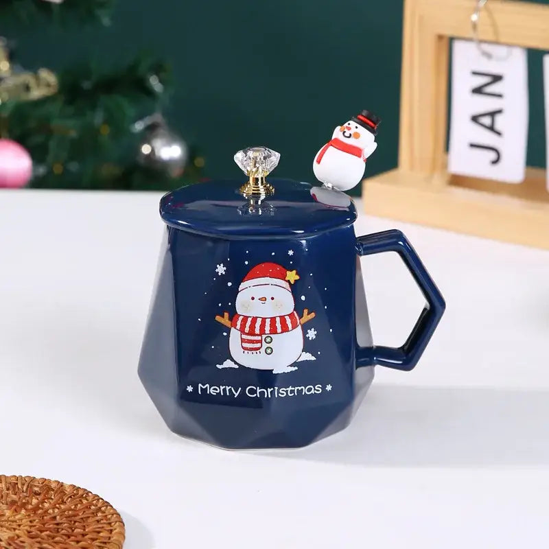 Navy blue christmas ceramic mug with geometric design snowman red hat scarf and crystal knob in ceramic mug set