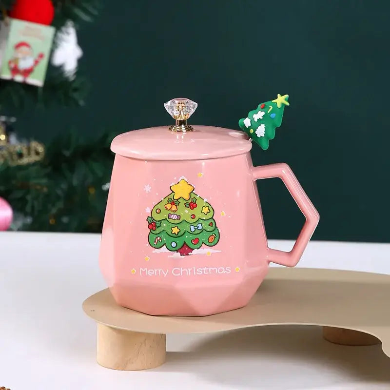 Red santa claus christmas ceramic mug set featuring a pink ceramic mug with geometric and festive tree design