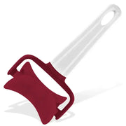 Red silicone dough press cutter with clear plastic handle designed as a kitchen dough press and dumpling mold tool