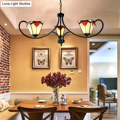Red Stained Glass Pyramid Chandelier - 3 Light Mission Pendant for Restaurants