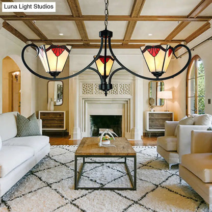 Red Stained Glass Pyramid Chandelier - 3 Light Mission Pendant for Restaurants