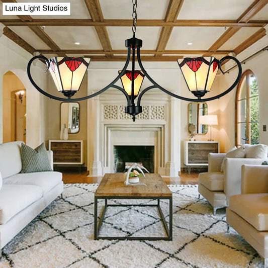 Red Stained Glass Pyramid Chandelier - 3 Light Mission Pendant for Restaurants