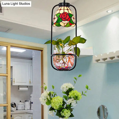 Red Tiffany Style Rose Design Hanging Lamp with Stainless Glass - Ceiling Pendant Light with Plant Accent