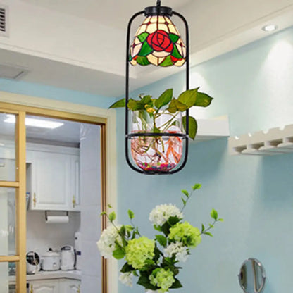 Red Tiffany Style Rose Design Hanging Lamp with Stainless Glass - Ceiling Pendant Light with Plant Accent