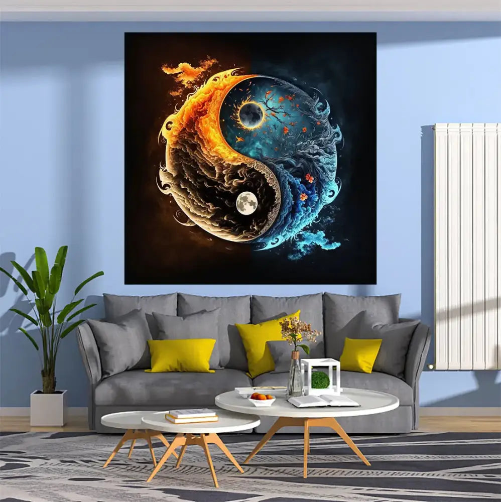 Red and white cosmic yin yang mandala tapestry with fiery orange and cool blue cosmic yin patterns for bedroom decor