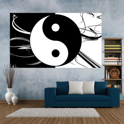 Black and white yin yang mandala wall art with dynamic brushstroke accents for cosmic yin yang bedroom decor