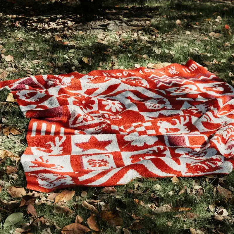 Red and white dragon zodiac decorbites knitted blanket throws featuring animal motifs and geometric shapes for bedroom decor