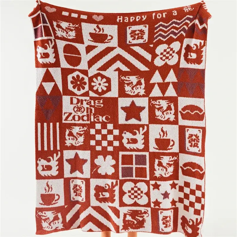 Red and white decorbites knitted blanket throws featuring dragon zodiac patterns and geometric designs for bedroom decor