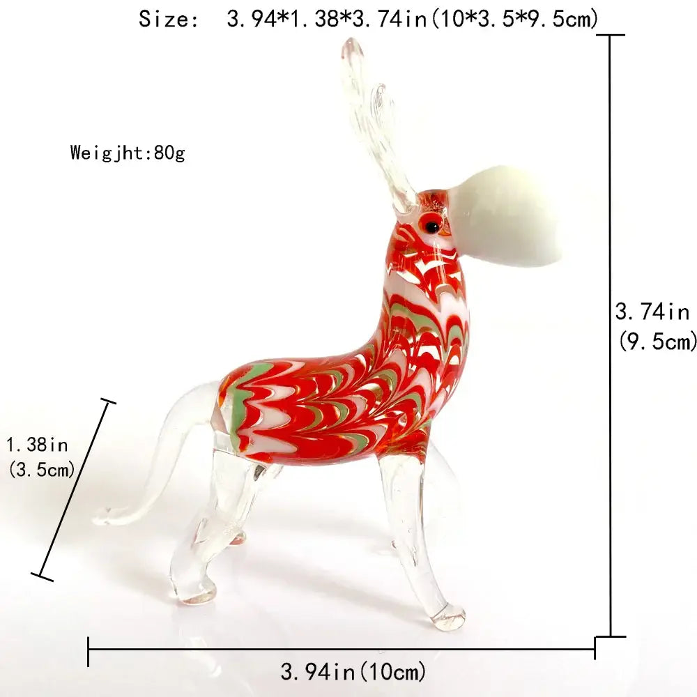 Translucent red white and green swirl glass donkey figurine with clear glass antlers and legs for living room decor