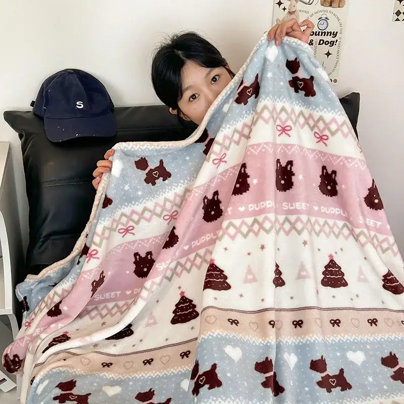 Red and white happy puppy velvet printed blanket with plush pastel scottish terrier and christmas tree pattern