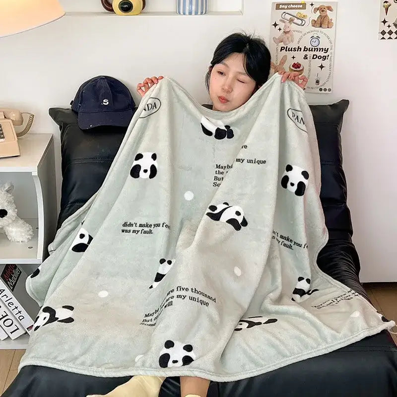 Light gray velvet printed blanket with black panda faces and white text for bedroom decor