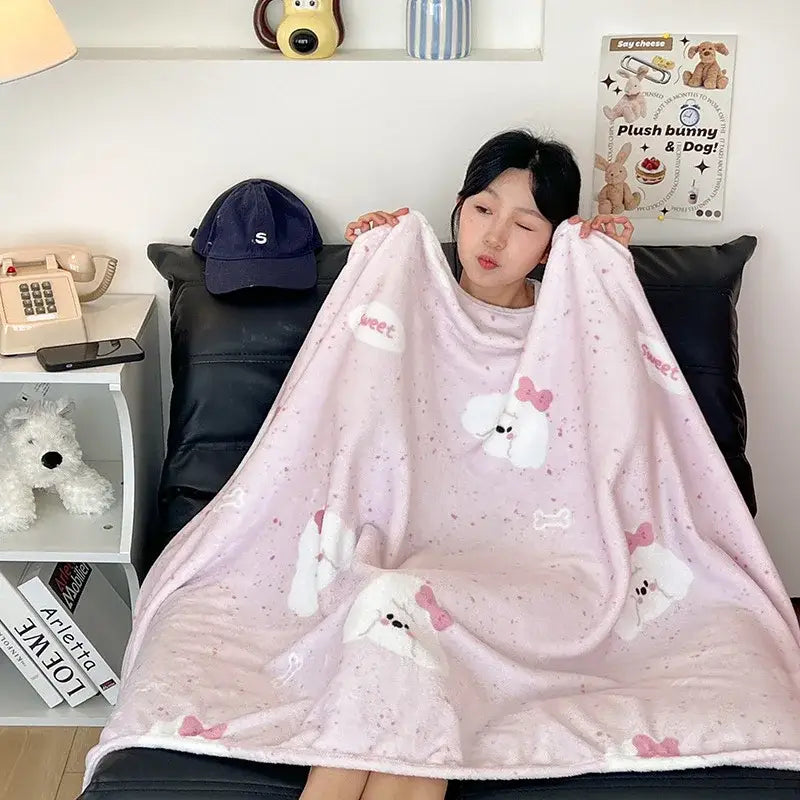 Pink velvet printed blanket with white cartoon bunnies and sweet text for bedroom decor red and white happy puppy design