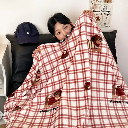 Red and white velvet printed blanket with embroidered plush bunny and dog characters and happy pup text for bedroom decor