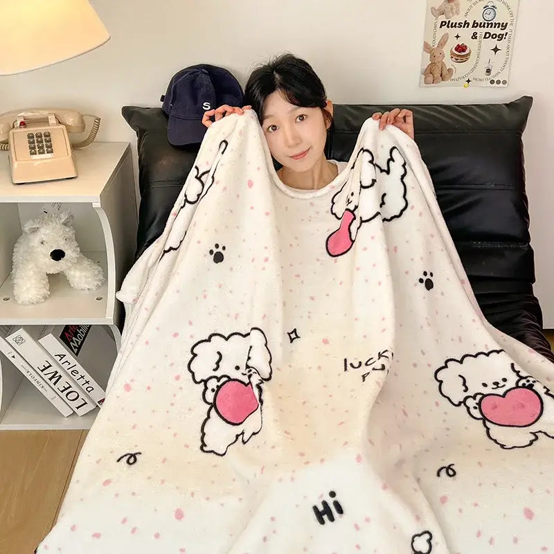 White plush velvet printed blanket with cartoon poodles, pink hearts, black paw prints, and pink polka dots for bedroom decor