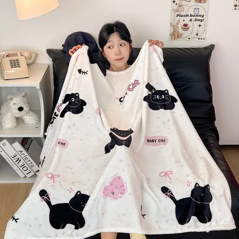 Red and white happy puppy velvet printed blanket featuring a white plush side with black cats and cheese illustrations