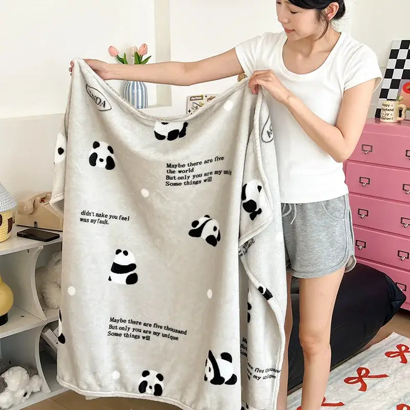Soft gray velvet printed blanket with black and white panda illustrations and sentimental text for bedroom decor