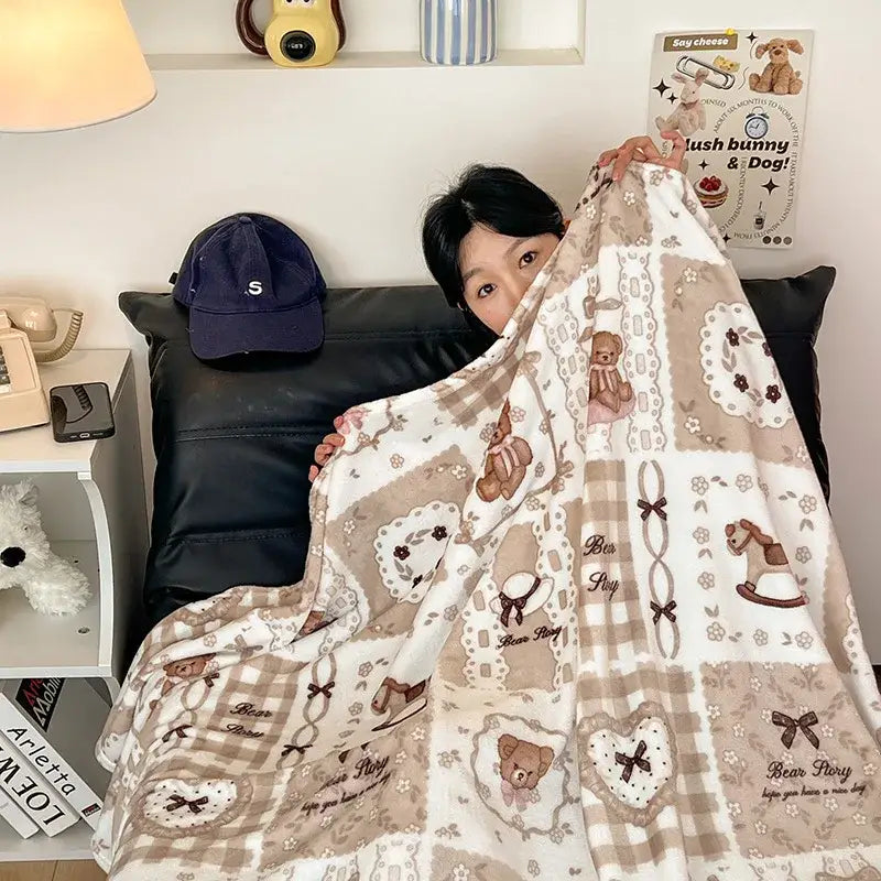 Soft beige and white velvet printed blanket with teddy bears rocking horses bows and lace motifs for bedroom decor