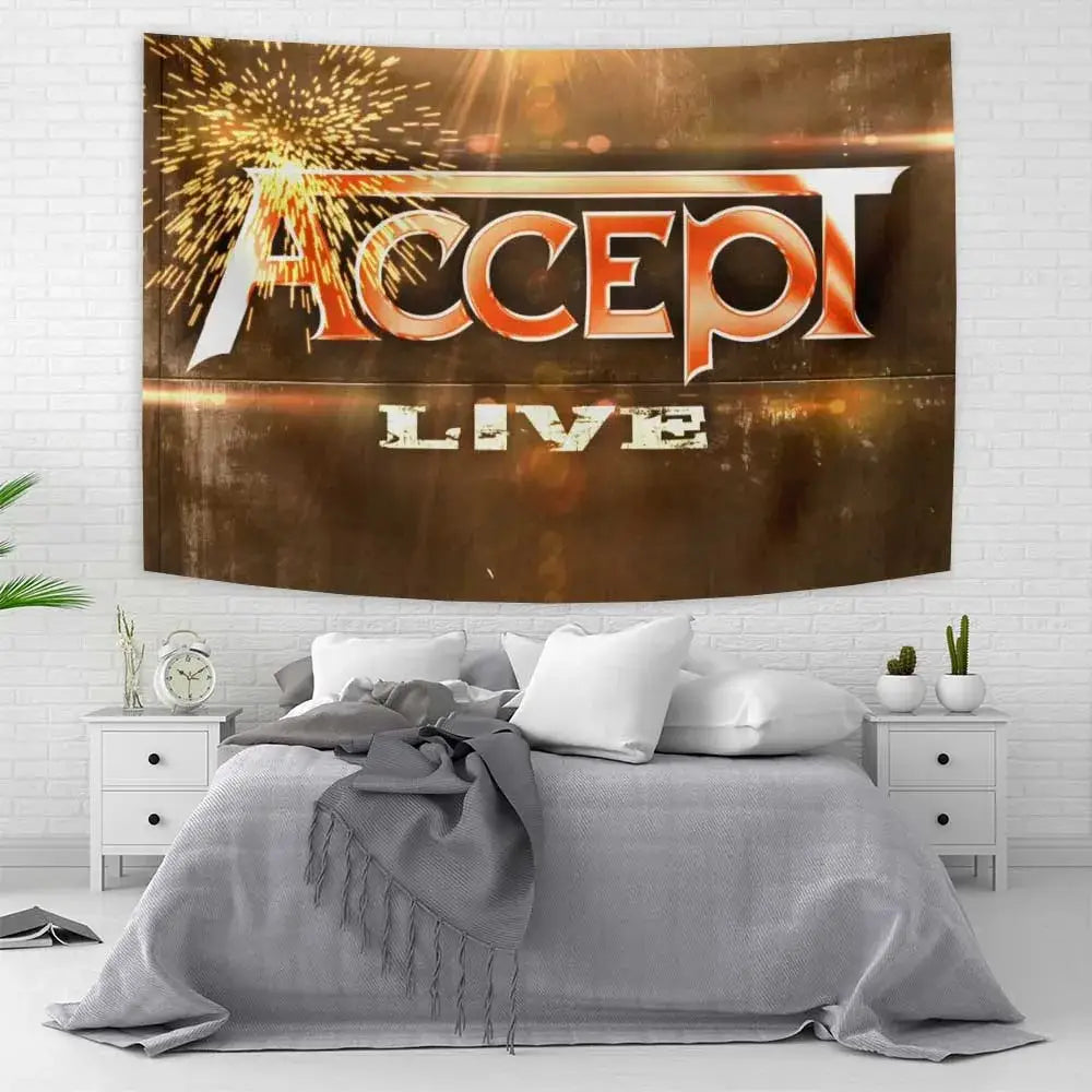 Red yellow and blue band tapestry flag featuring bold metallic orange accept lettering with fiery explosion graphic wall art