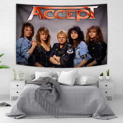 A rectangular tapestry flag rock featuring band Accept with bold orange and black lettering for bedroom wall art